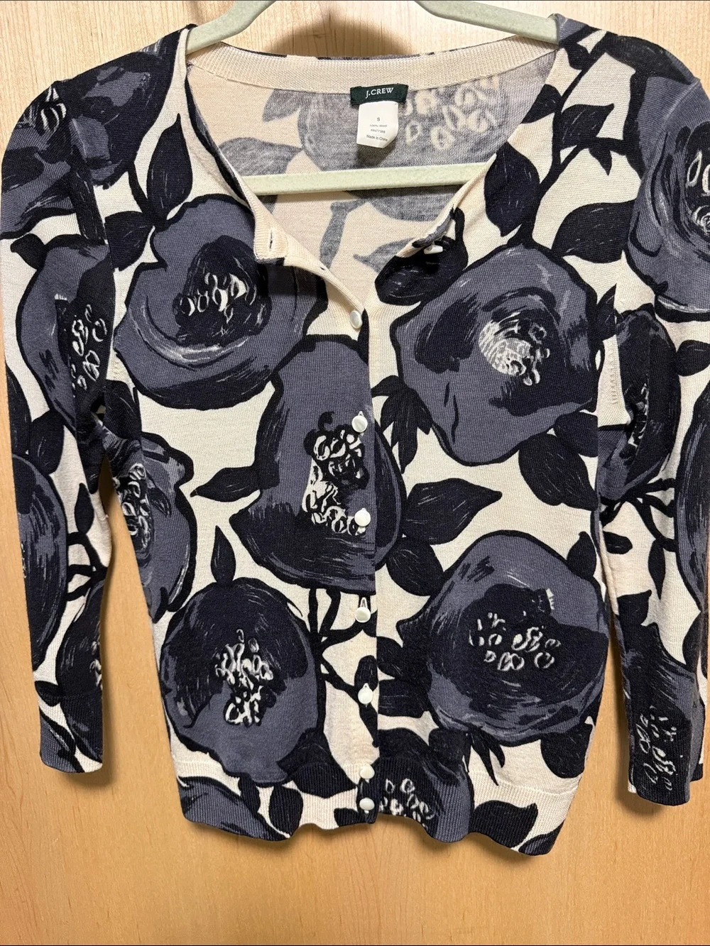 J. Crew Black and Gray Floral on Cream Base 100% Wool Button-Down Cardigan